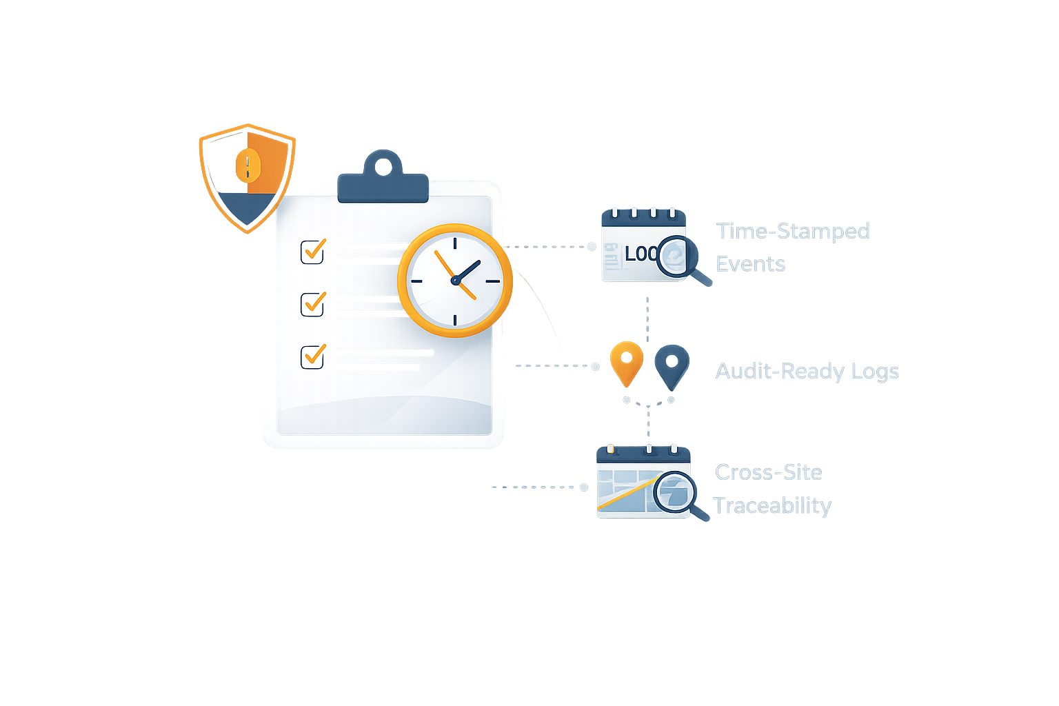Documentary data interface: time-stamped event history, audit-ready logs, and traceability across deployments.